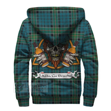 Kirkpatrick Tartan Sherpa Hoodie with Family Crest and Bearded Skull Holding Bottles of Whiskey