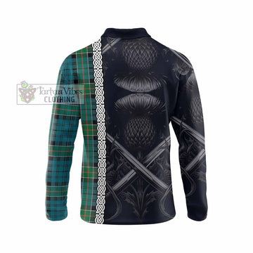 Kirkpatrick Tartan Long Sleeve Polo Shirt with Family Crest Cross Sword Thistle Celtic Vibes