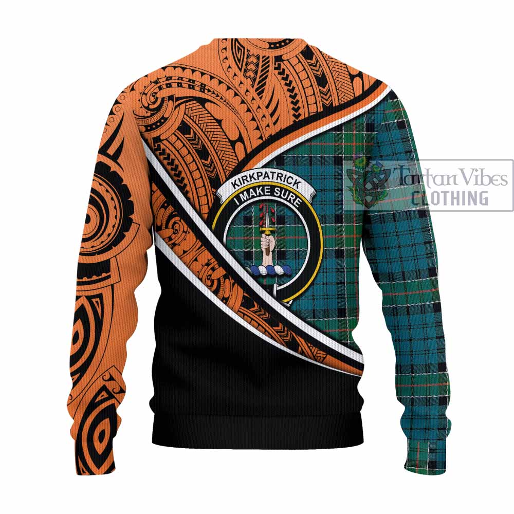 Tartan Vibes Clothing Kirkpatrick Crest Tartan Knitted Sweater with Maori Tattoo Style - Orange Version