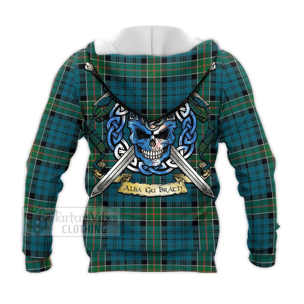 Tartan Vibes Clothing Kirkpatrick Tartan Knitted Hoodie with Family Crest Celtic Skull Style