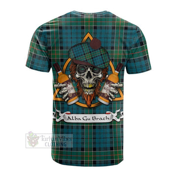 Kirkpatrick Tartan Cotton T-shirt with Family Crest and Bearded Skull Holding Bottles of Whiskey