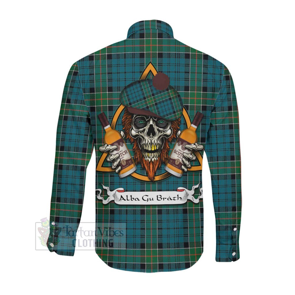 Tartan Vibes Clothing Kirkpatrick Tartan Long Sleeve Button Shirt with Family Crest and Bearded Skull Holding Bottles of Whiskey