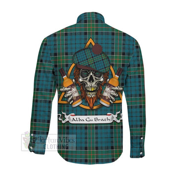 Kirkpatrick Tartan Long Sleeve Button Shirt with Family Crest and Bearded Skull Holding Bottles of Whiskey