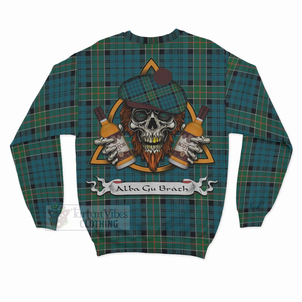 Tartan Vibes Clothing Kirkpatrick Tartan Sweatshirt with Family Crest and Bearded Skull Holding Bottles of Whiskey