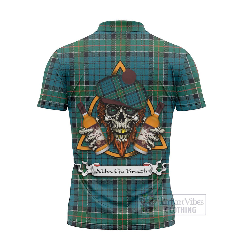 Tartan Vibes Clothing Kirkpatrick Tartan Zipper Polo Shirt with Family Crest and Bearded Skull Holding Bottles of Whiskey