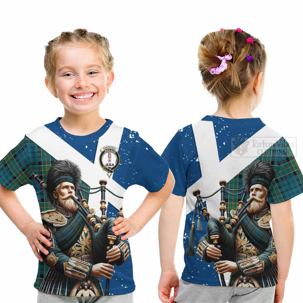 Tartan Vibes Clothing Kirkpatrick Tartan Kid T-Shirt with Family Crest Scottish Bagpiper Vibes