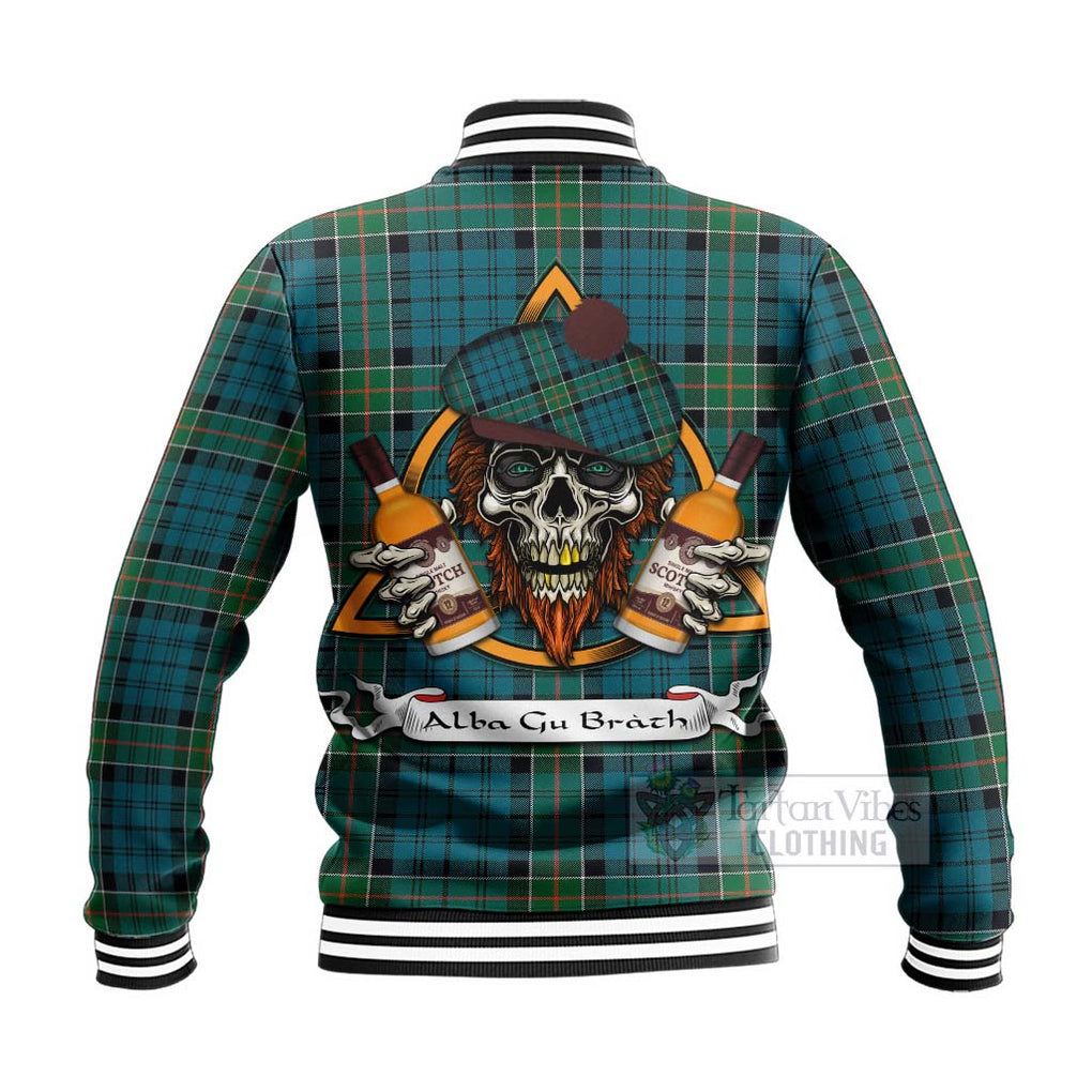 Tartan Vibes Clothing Kirkpatrick Tartan Baseball Jacket with Family Crest and Bearded Skull Holding Bottles of Whiskey