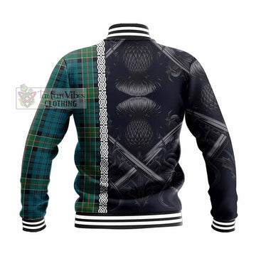 Kirkpatrick Tartan Baseball Jacket with Family Crest Cross Sword Thistle Celtic Vibes