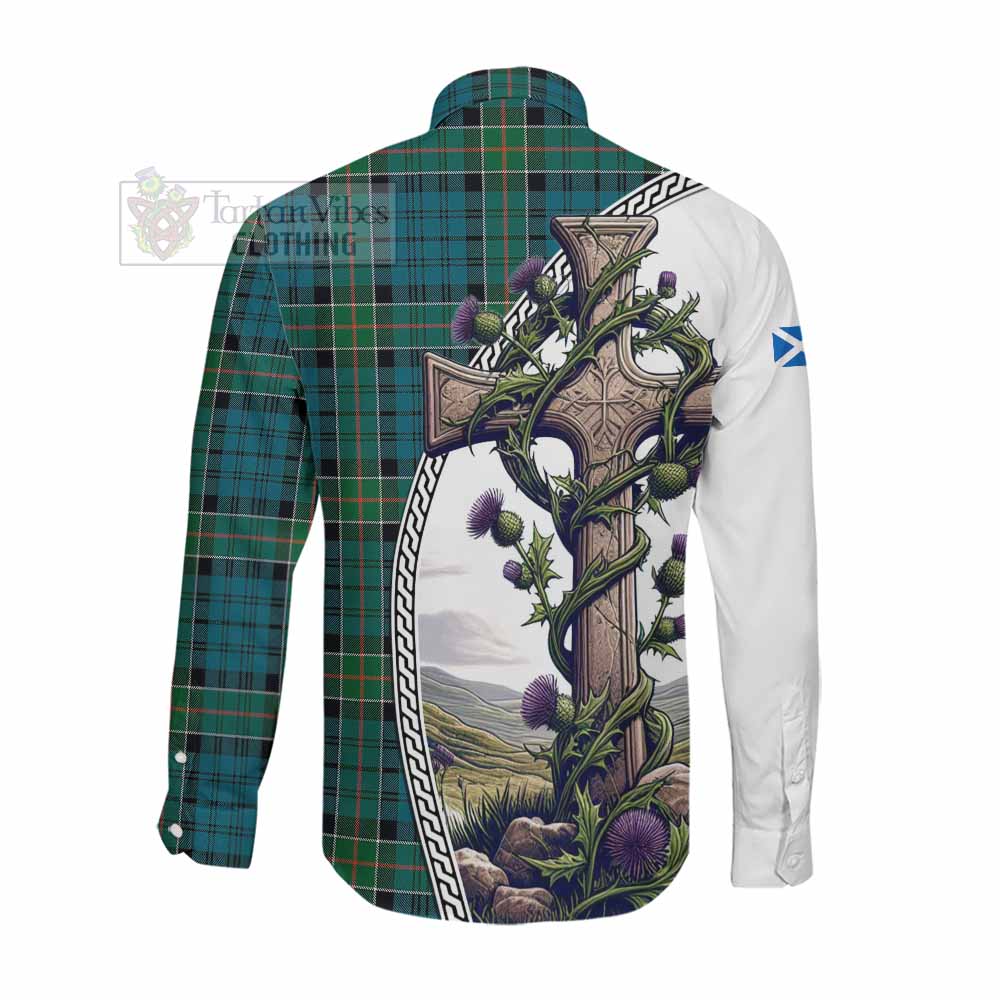 Tartan Vibes Clothing Kirkpatrick Tartan Long Sleeve Button Shirt with Family Crest and St. Andrew's Cross Accented by Thistle Vines