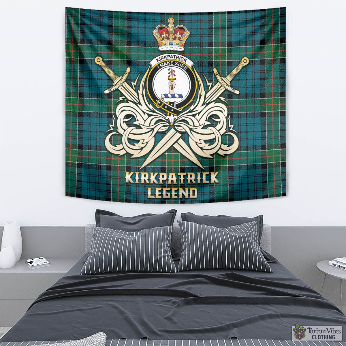 Tartan Vibes Clothing Kirkpatrick Tartan Tapestry with Clan Crest and the Golden Sword of Courageous Legacy