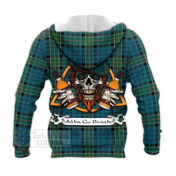 Kirkpatrick Tartan Knitted Hoodie with Family Crest and Bearded Skull Holding Bottles of Whiskey