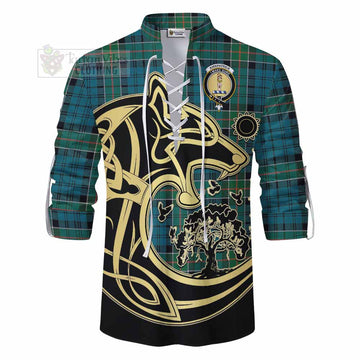 Kirkpatrick Tartan Ghillie Kilt Shirt with Family Crest Celtic Wolf Style