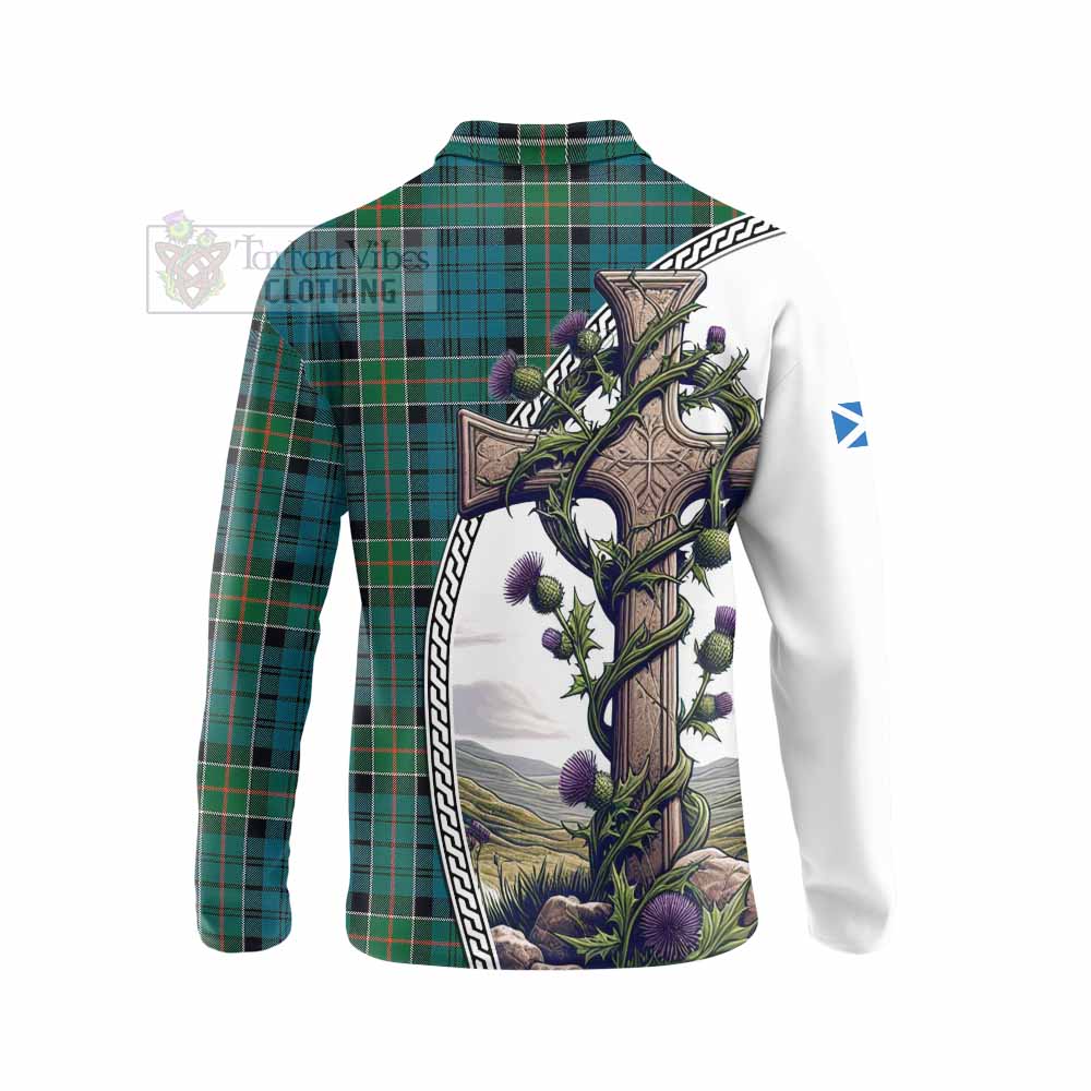 Tartan Vibes Clothing Kirkpatrick Tartan Long Sleeve Polo Shirt with Family Crest and St. Andrew's Cross Accented by Thistle Vines