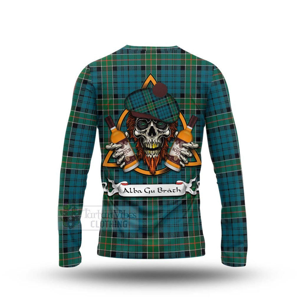 Tartan Vibes Clothing Kirkpatrick Tartan Long Sleeve T-Shirt with Family Crest and Bearded Skull Holding Bottles of Whiskey