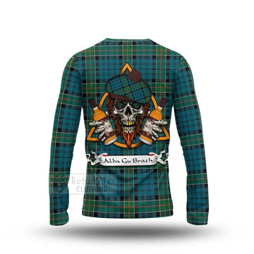 Kirkpatrick Tartan Long Sleeve T-Shirt with Family Crest and Bearded Skull Holding Bottles of Whiskey