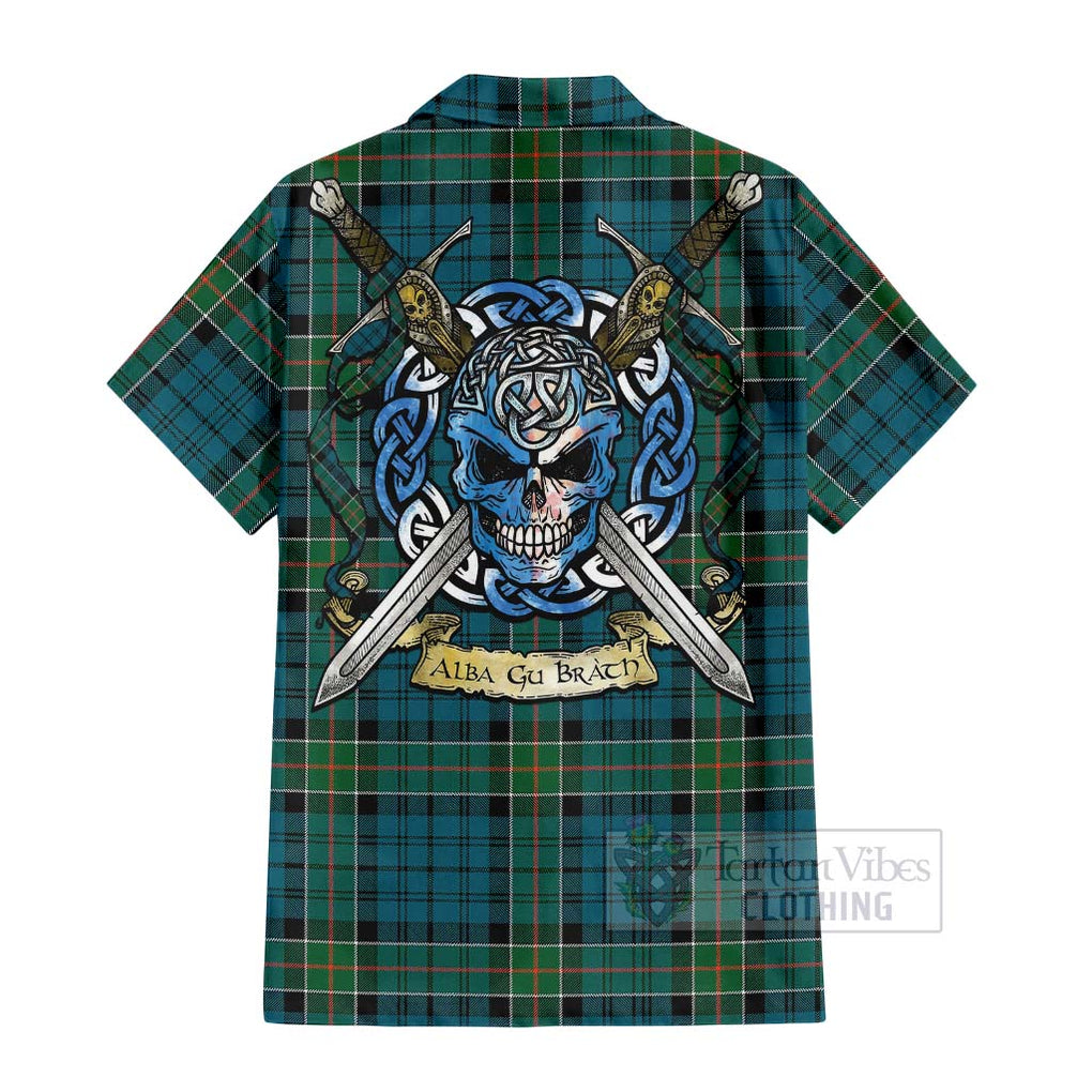 Tartan Vibes Clothing Kirkpatrick Tartan Short Sleeve Button Shirt with Family Crest Celtic Skull Style