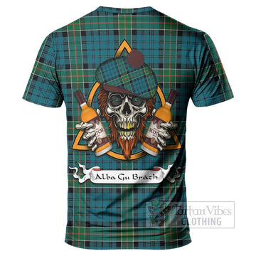 Kirkpatrick Tartan T-Shirt with Family Crest and Bearded Skull Holding Bottles of Whiskey