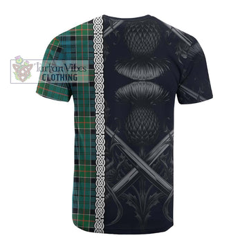 Kirkpatrick Tartan Cotton T-shirt with Family Crest Cross Sword Thistle Celtic Vibes