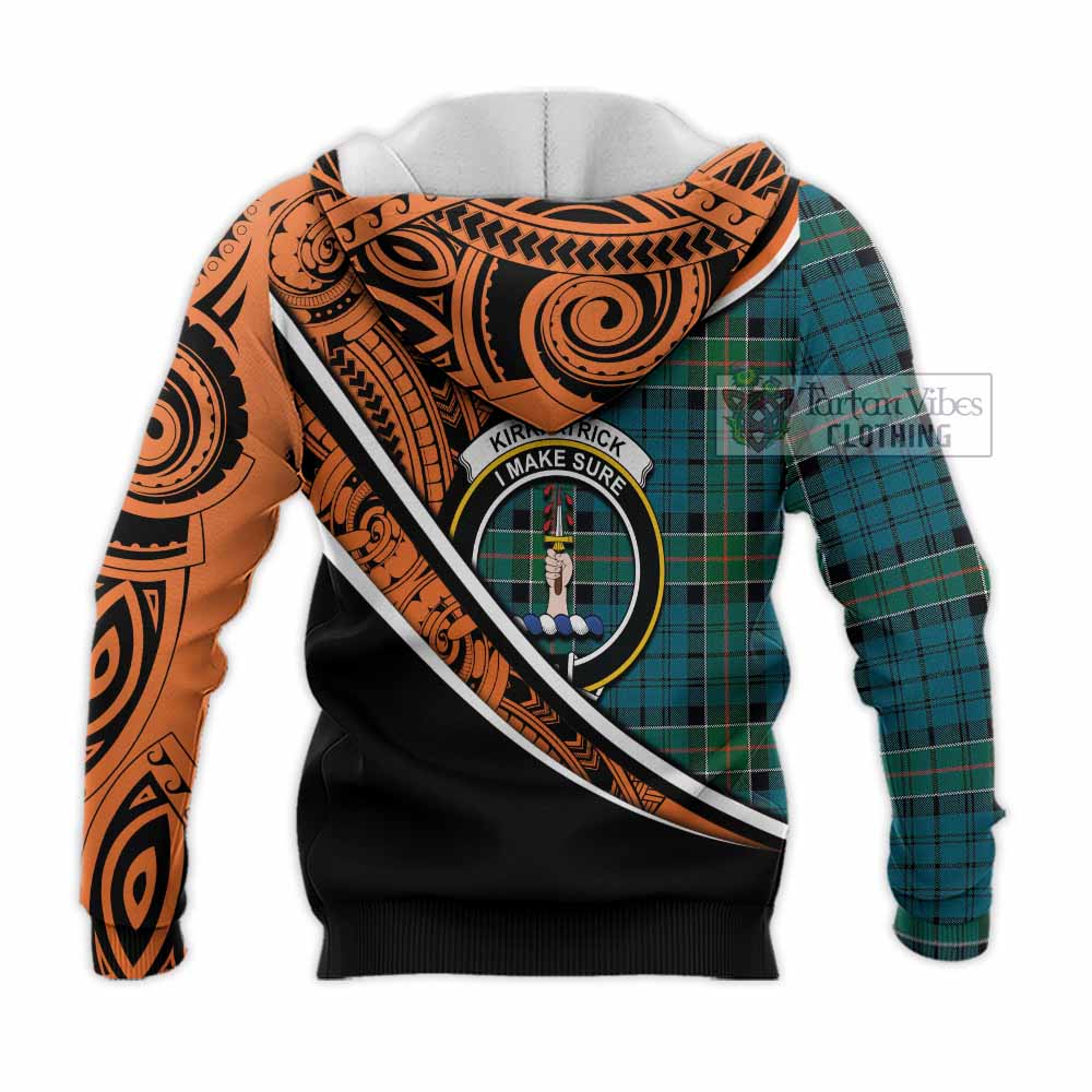 Tartan Vibes Clothing Kirkpatrick Crest Tartan Knitted Hoodie with Maori Tattoo Style - Orange Version