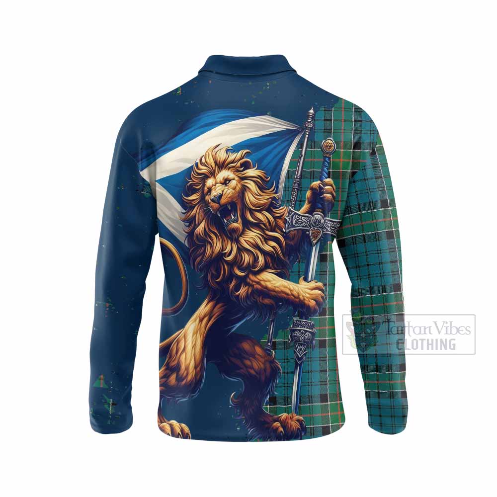 Tartan Vibes Clothing Kirkpatrick Tartan Family Crest Long Sleeve Polo Shirt with Scottish Majestic Lion