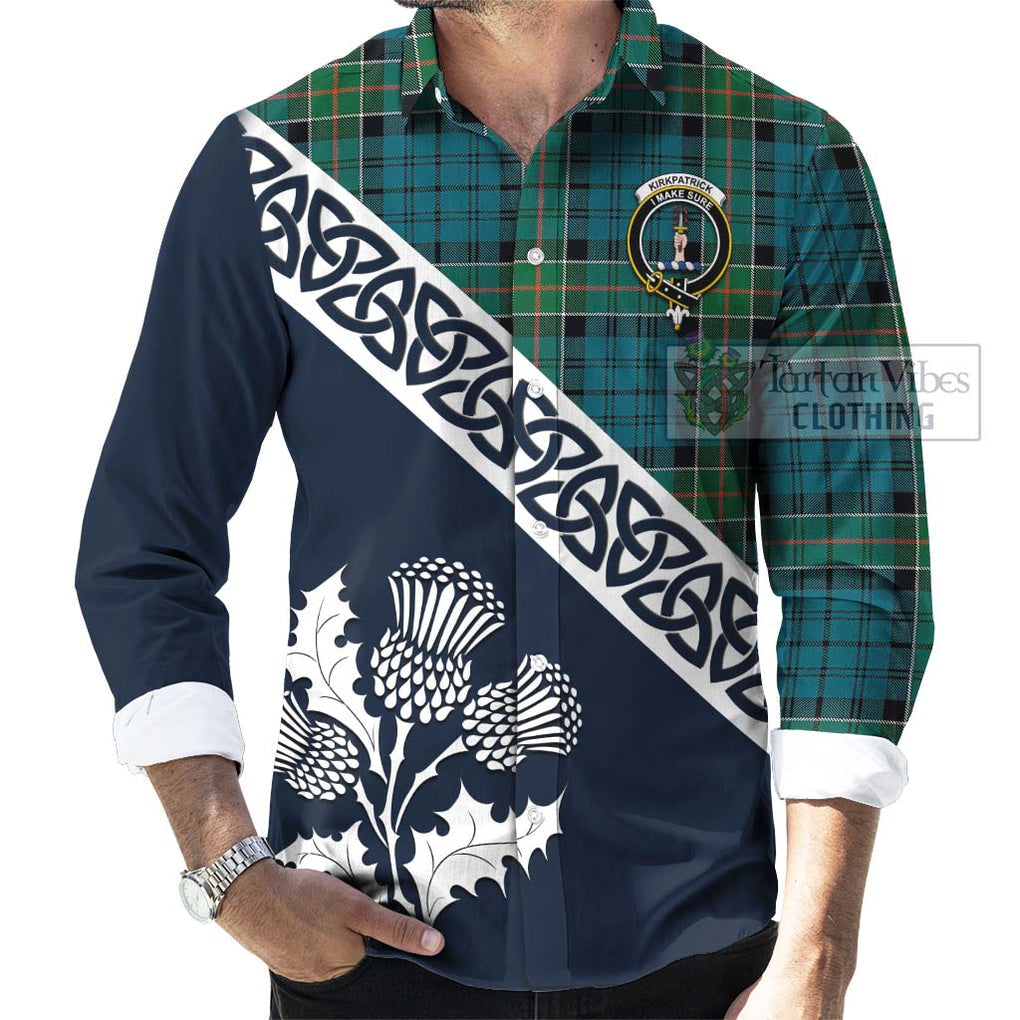 Tartan Vibes Clothing Kirkpatrick Tartan Long Sleeve Button Shirt Featuring Thistle and Scotland Map