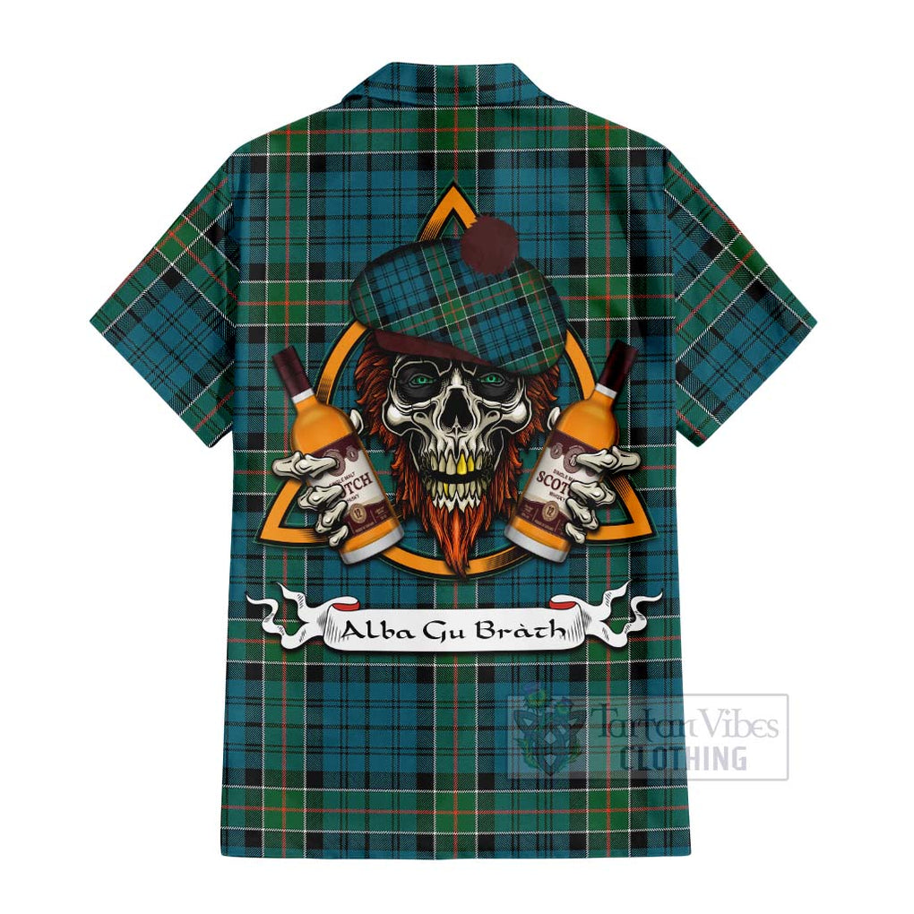 Tartan Vibes Clothing Kirkpatrick Tartan Short Sleeve Button Shirt with Family Crest and Bearded Skull Holding Bottles of Whiskey