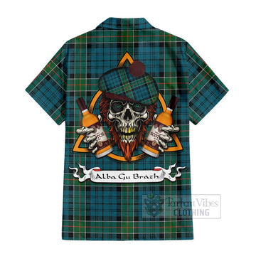 Kirkpatrick Tartan Short Sleeve Button Shirt with Family Crest and Bearded Skull Holding Bottles of Whiskey