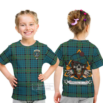 Kirkpatrick Tartan Kid T-Shirt with Family Crest and Bearded Skull Holding Bottles of Whiskey