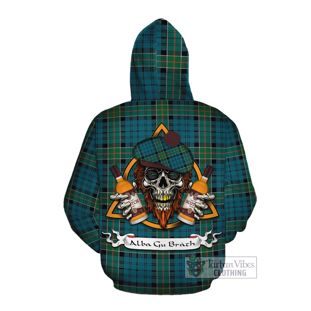 Tartan Vibes Clothing Kirkpatrick Tartan Cotton Hoodie with Family Crest and Bearded Skull Holding Bottles of Whiskey