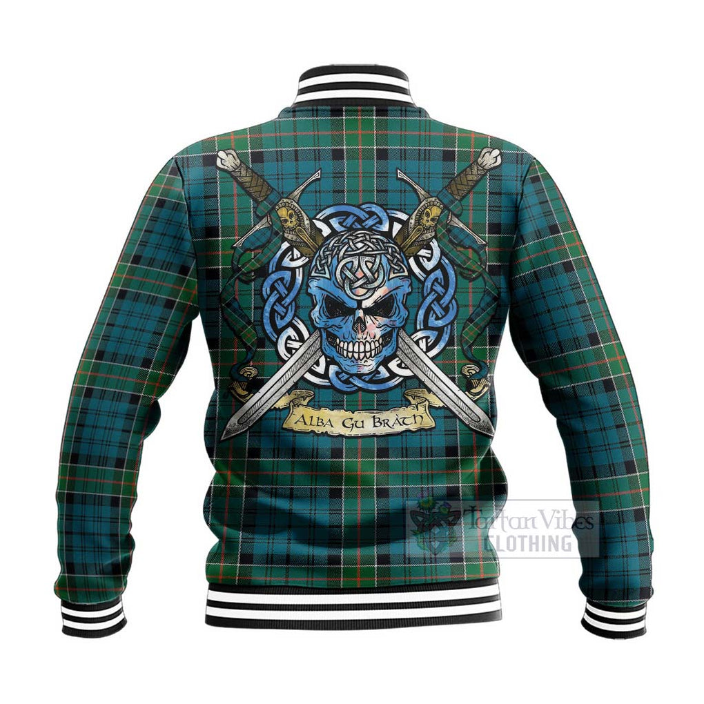 Tartan Vibes Clothing Kirkpatrick Tartan Baseball Jacket with Family Crest Celtic Skull Style