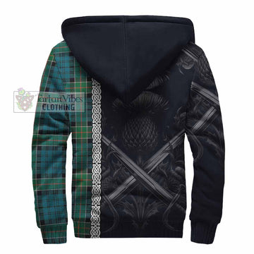 Kirkpatrick Tartan Sherpa Hoodie with Family Crest Cross Sword Thistle Celtic Vibes