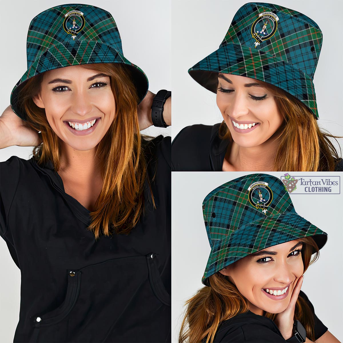 Tartan Vibes Clothing Kirkpatrick Tartan Bucket Hat with Family Crest