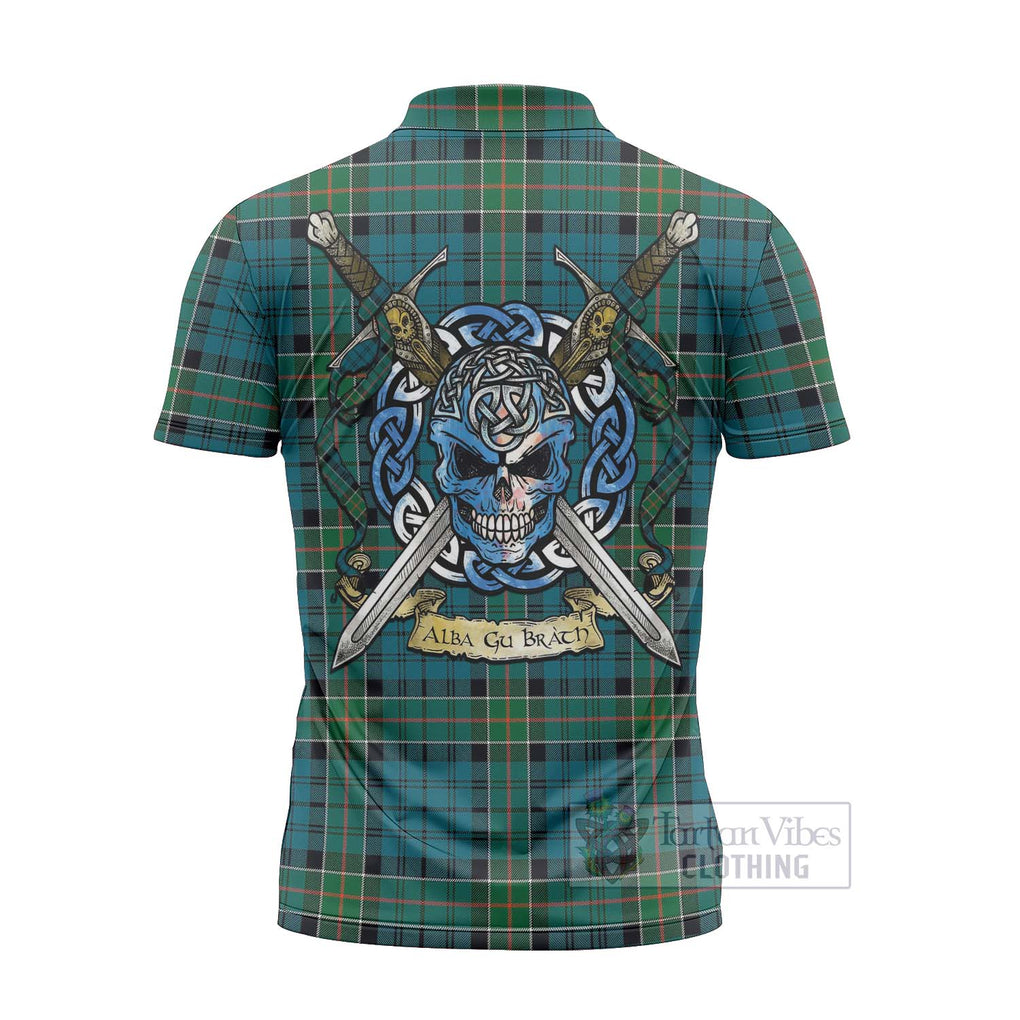 Tartan Vibes Clothing Kirkpatrick Tartan Zipper Polo Shirt with Family Crest Celtic Skull Style