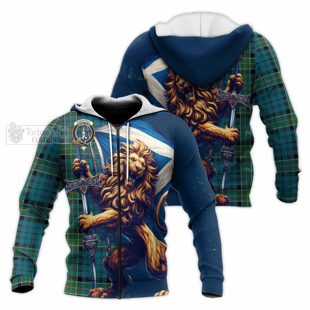 Tartan Vibes Clothing Kirkpatrick Tartan Family Crest Knitted Hoodie with Scottish Majestic Lion