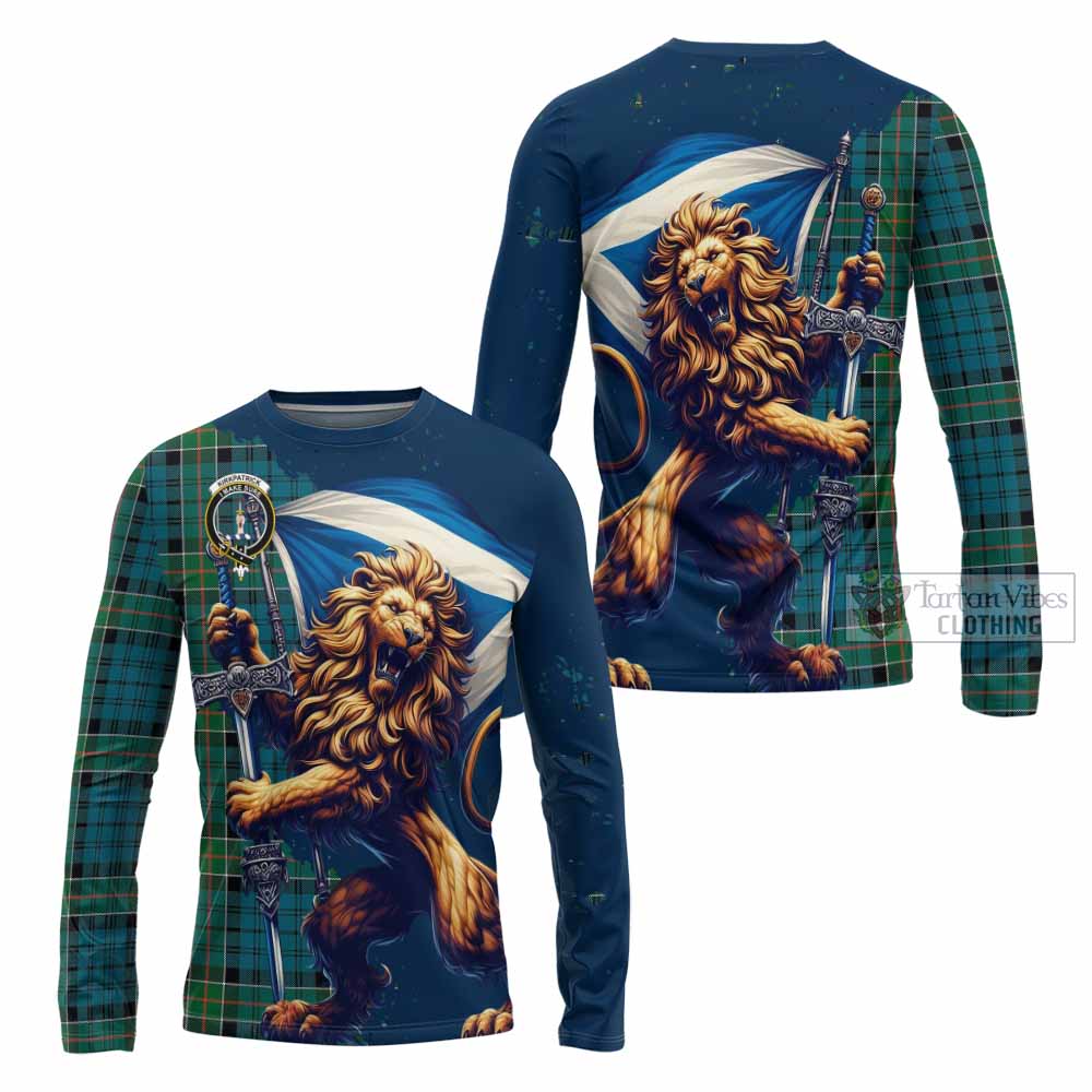 Tartan Vibes Clothing Kirkpatrick Tartan Family Crest Long Sleeve T-Shirt with Scottish Majestic Lion