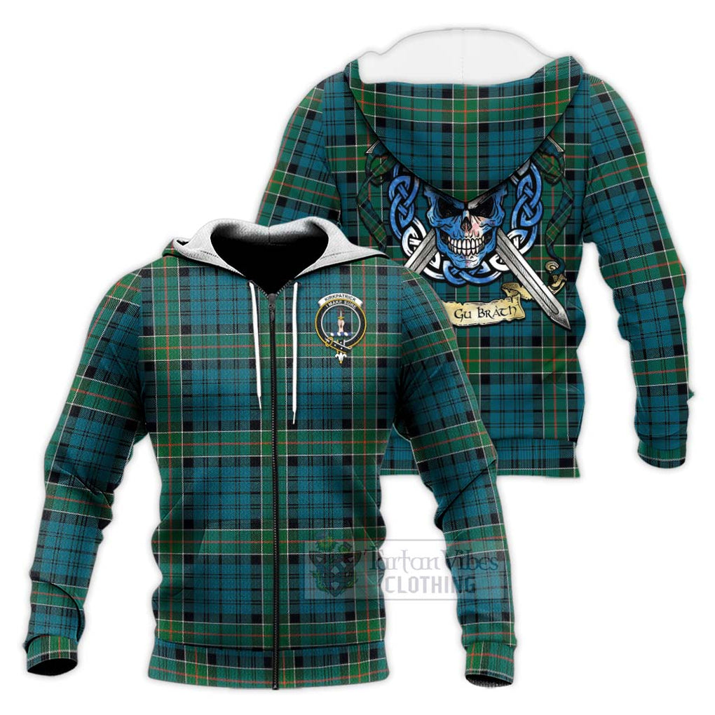 Tartan Vibes Clothing Kirkpatrick Tartan Knitted Hoodie with Family Crest Celtic Skull Style