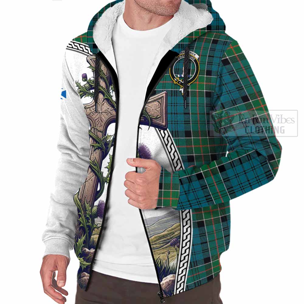 Tartan Vibes Clothing Kirkpatrick Tartan Sherpa Hoodie with Family Crest and St. Andrew's Cross Accented by Thistle Vines