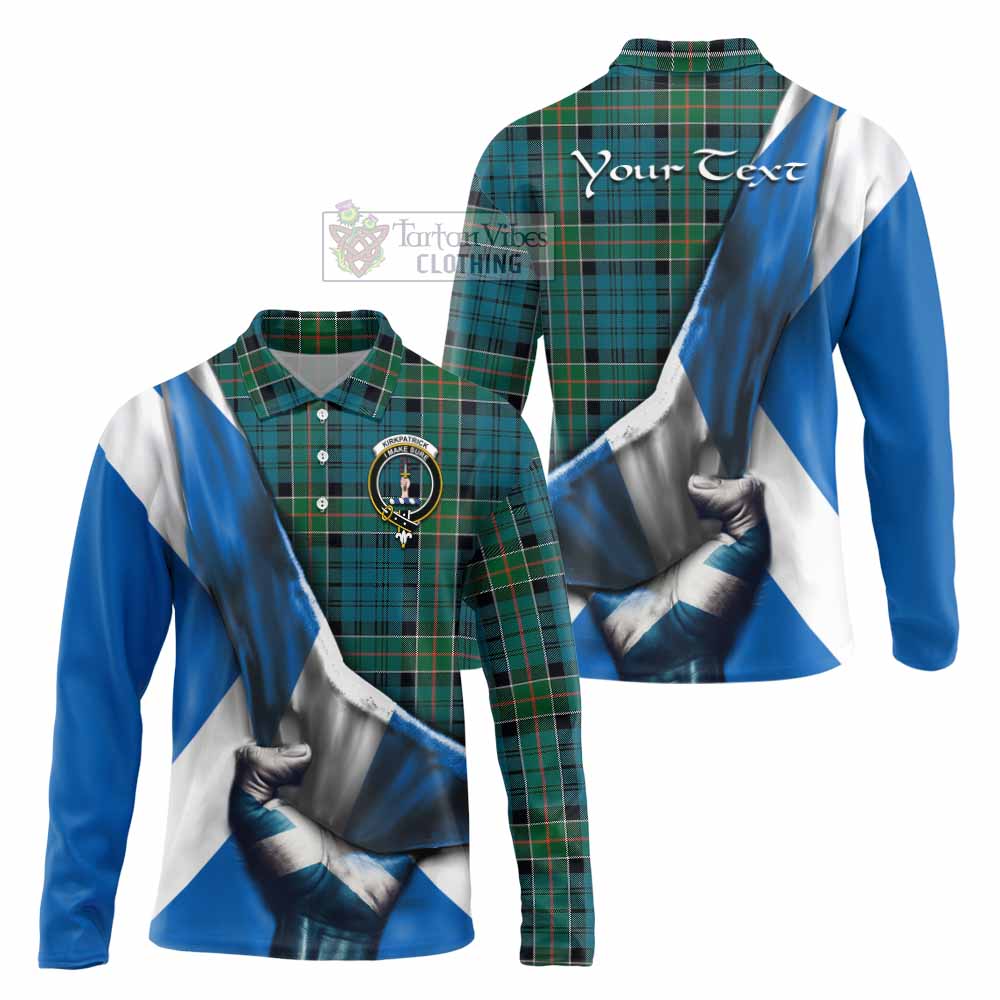 Tartan Vibes Clothing Kirkpatrick Tartan Long Sleeve Polo Shirt with Family Crest Scotland Patriotic Style