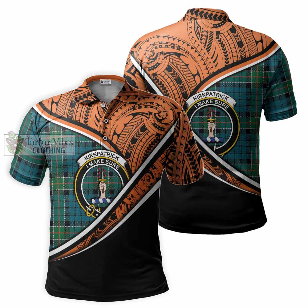 Tartan Vibes Clothing Kirkpatrick Crest Tartan Polo Shirt with Maori Tattoo Style - Orange Version