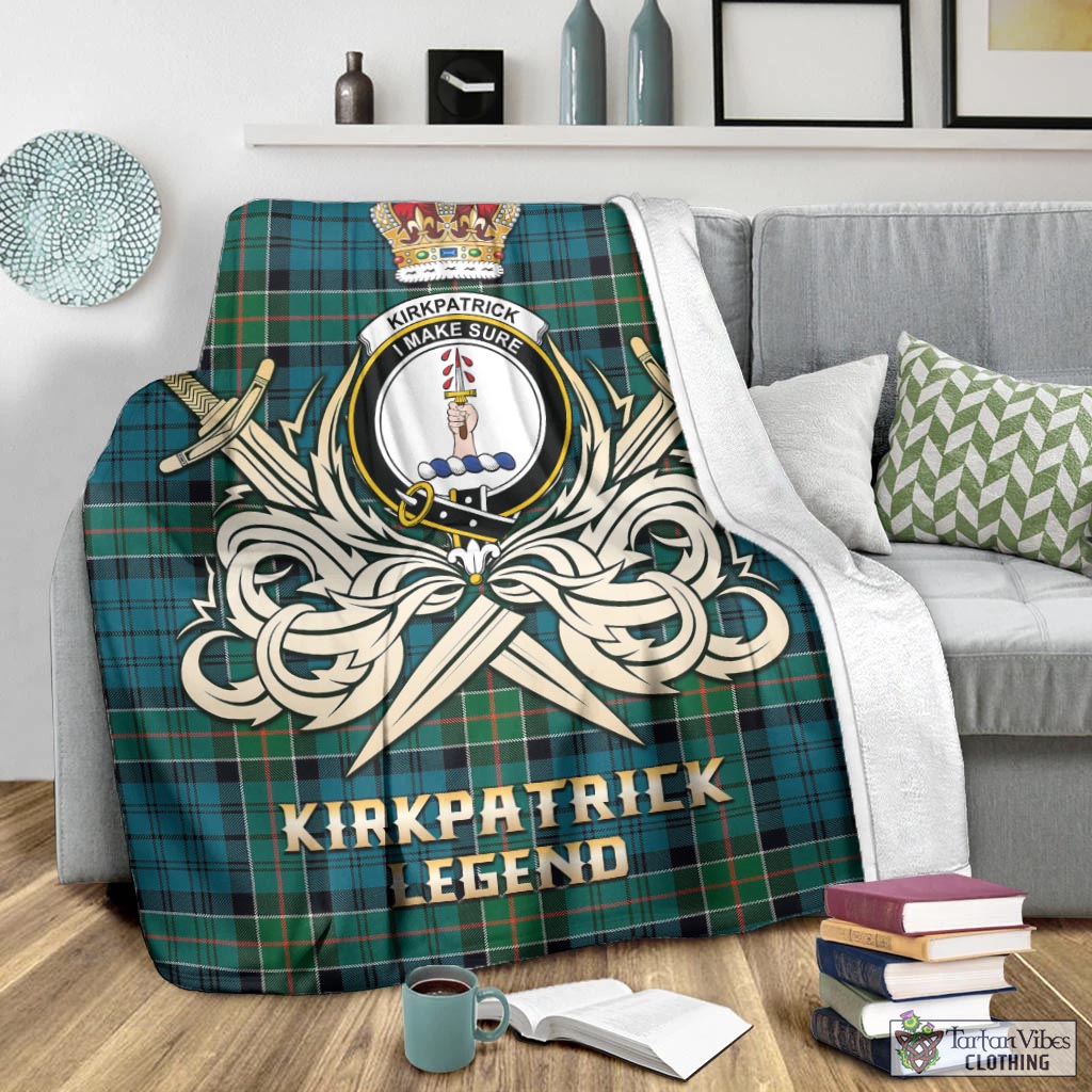 Tartan Vibes Clothing Kirkpatrick Tartan Blanket with Clan Crest and the Golden Sword of Courageous Legacy