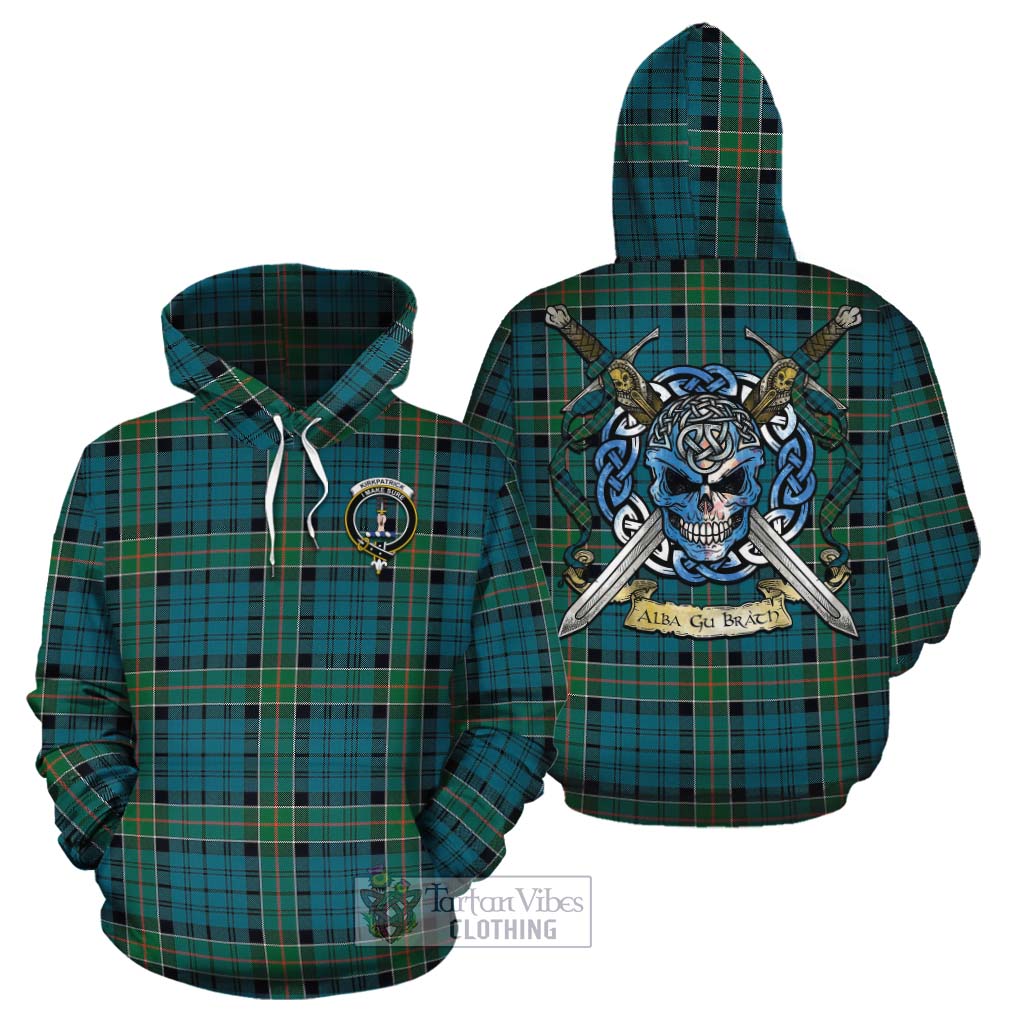 Tartan Vibes Clothing Kirkpatrick Tartan Cotton Hoodie with Family Crest Celtic Skull Style