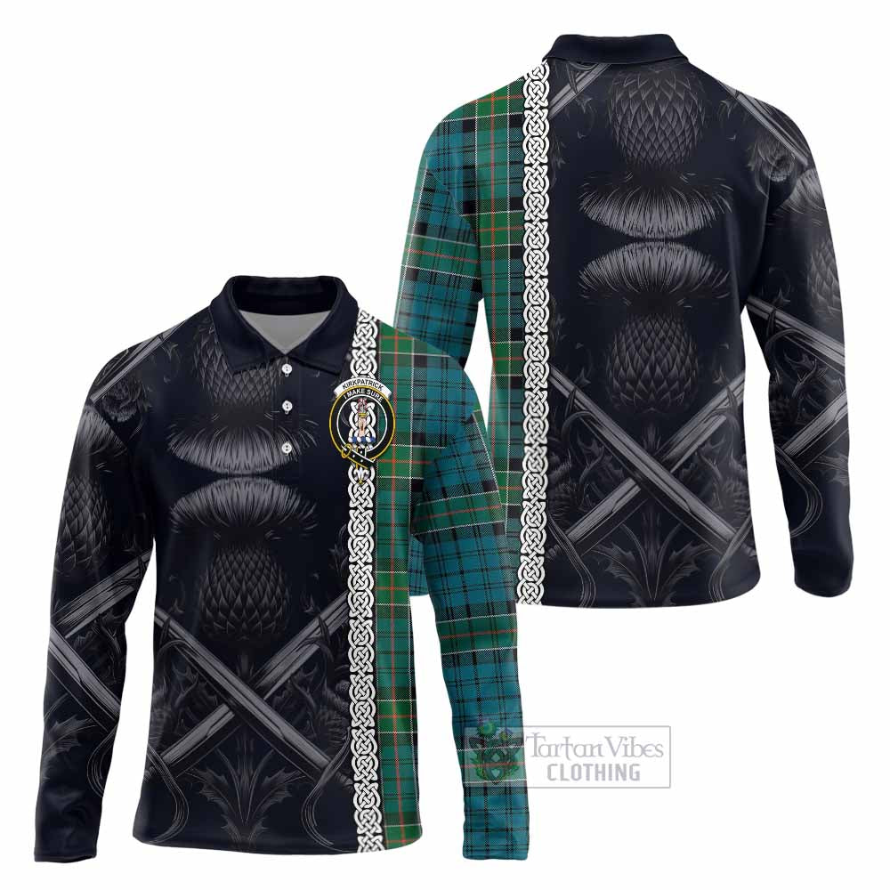 Kirkpatrick Tartan Long Sleeve Polo Shirt with Family Crest Cross Sword Thistle Celtic Vibes - Tartan Vibes Clothing