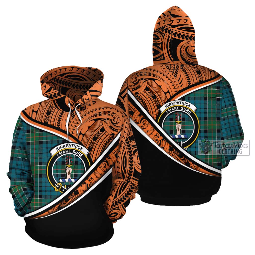 Tartan Vibes Clothing Kirkpatrick Crest Tartan Cotton Hoodie with Maori Tattoo Style - Orange Version