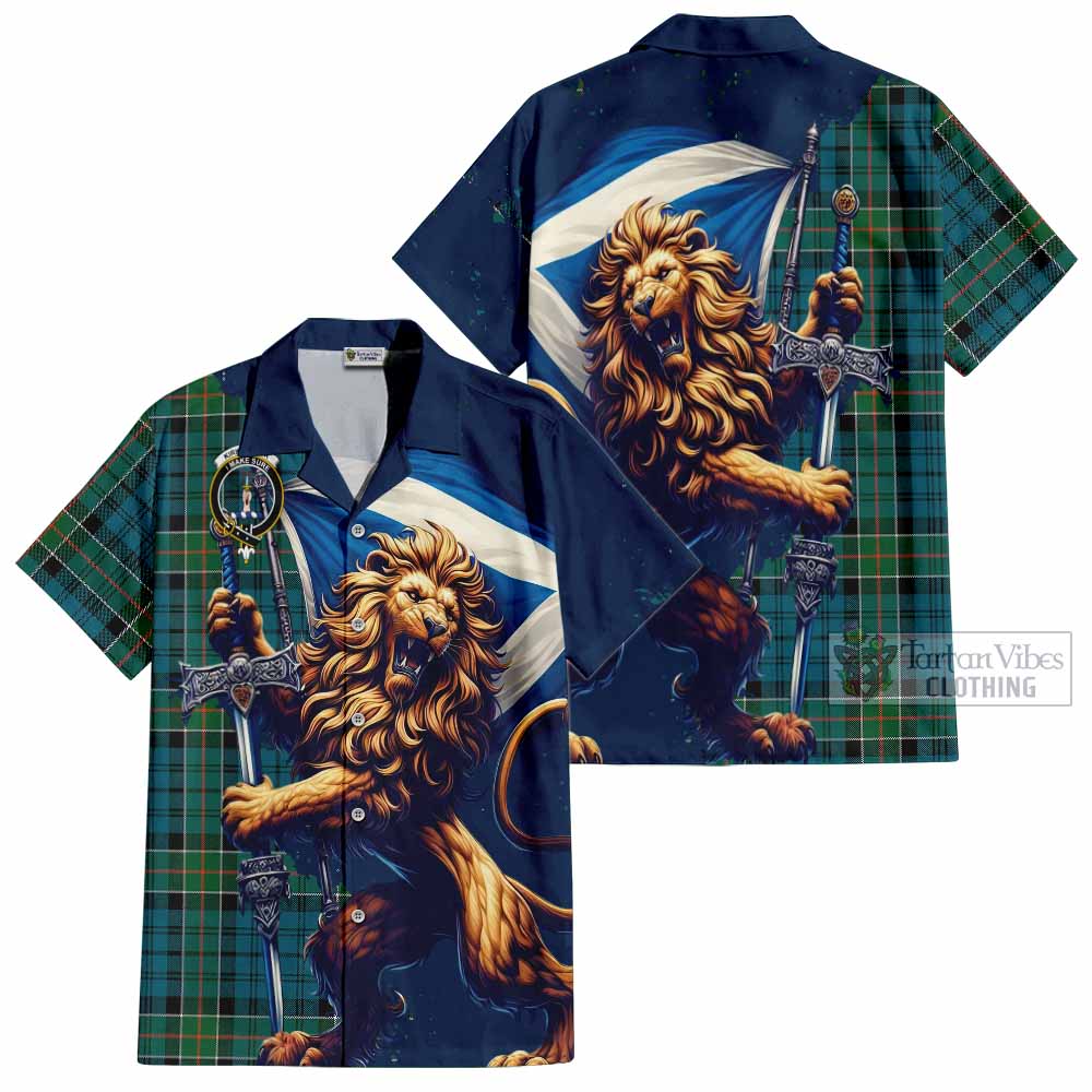 Tartan Vibes Clothing Kirkpatrick Tartan Family Crest Short Sleeve Button Shirt with Scottish Majestic Lion