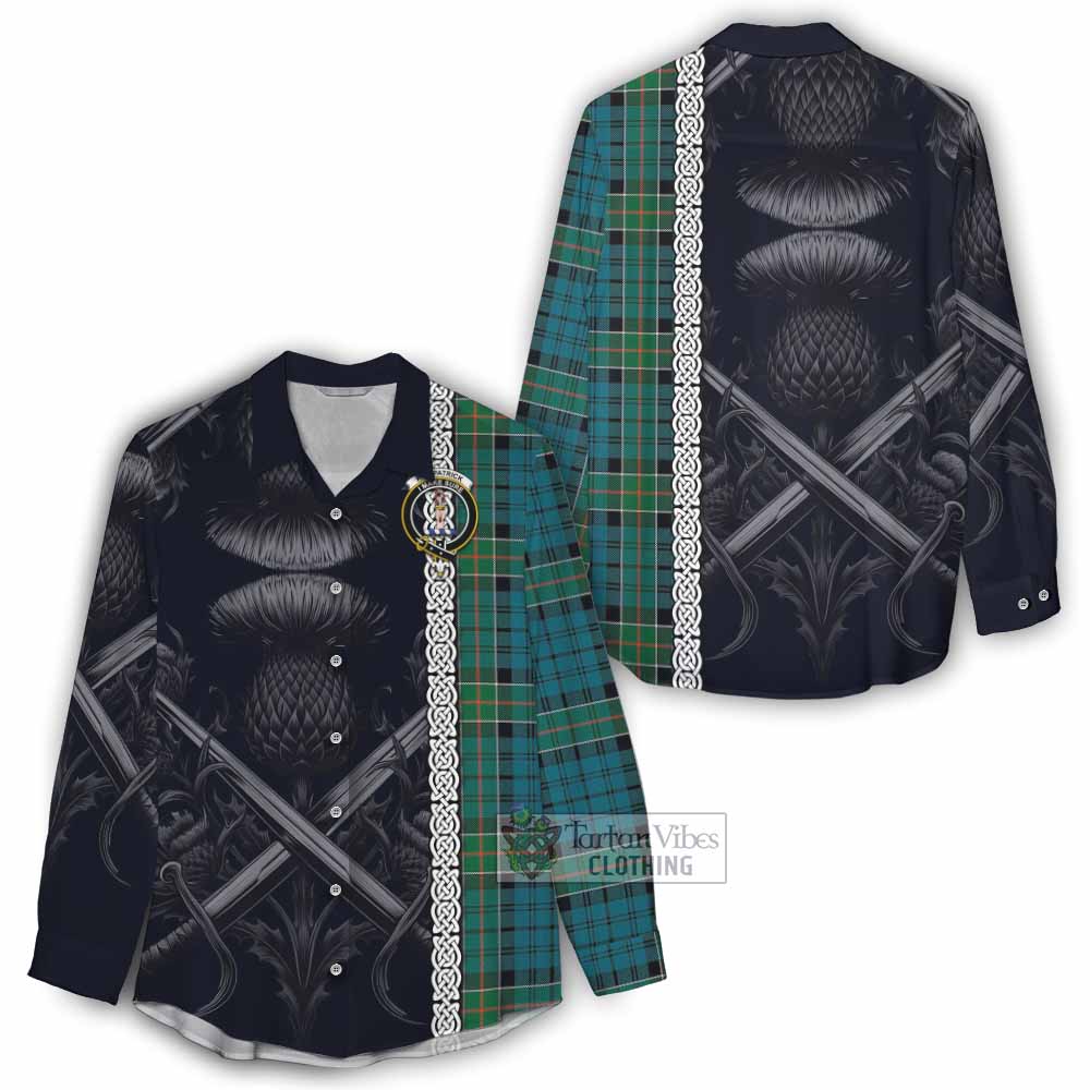 Tartan Vibes Clothing Kirkpatrick Tartan Women's Casual Shirt with Family Crest Cross Sword Thistle Celtic Vibes