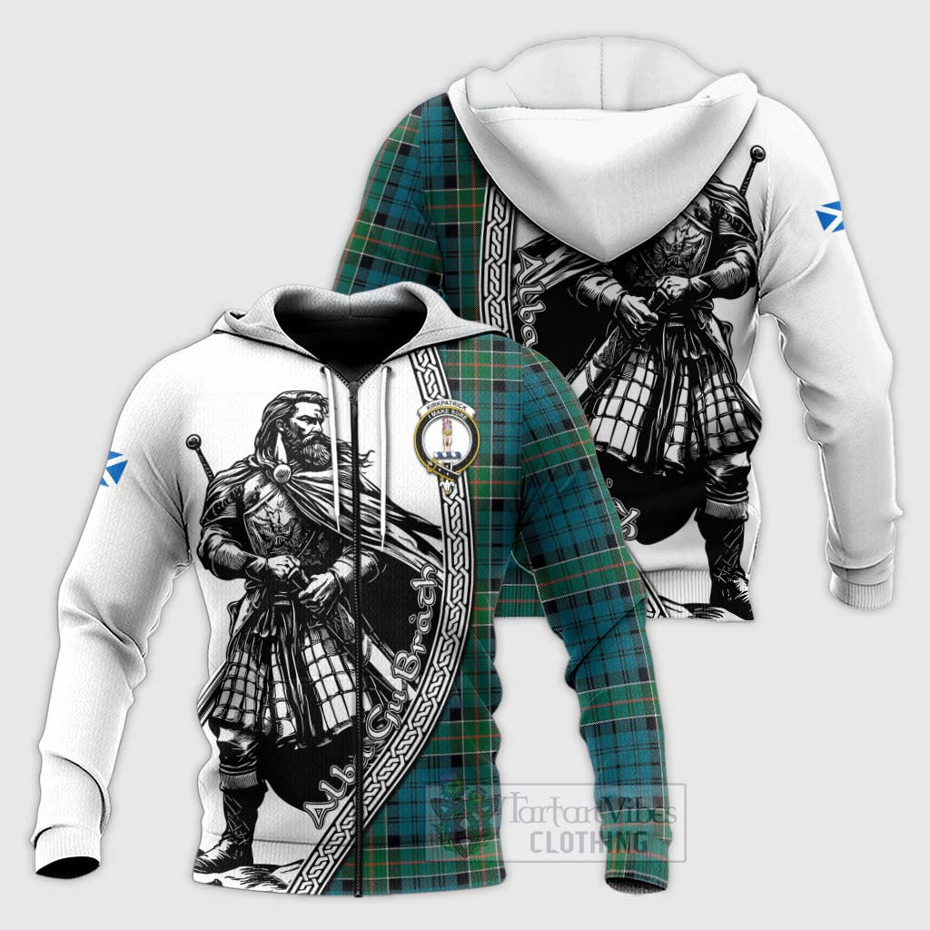 Tartan Vibes Clothing Kirkpatrick Tartan Clan Crest Knitted Hoodie with Highlander Warrior Celtic Style