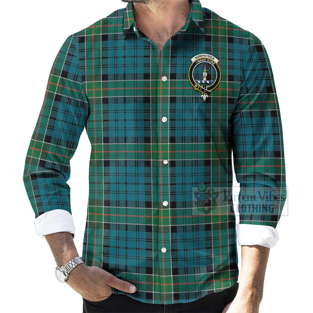 Tartan Vibes Clothing Kirkpatrick Tartan Long Sleeve Button Shirt with Family Crest Celtic Skull Style