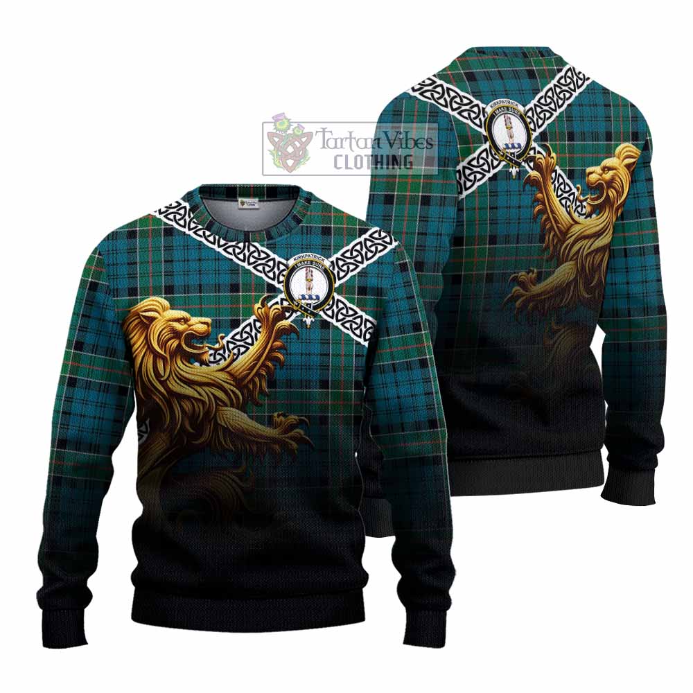 Kirkpatrick Crest Tartan Knitted Sweater with Golden Lion Emblem Celtic Style - Tartan Vibes Clothing