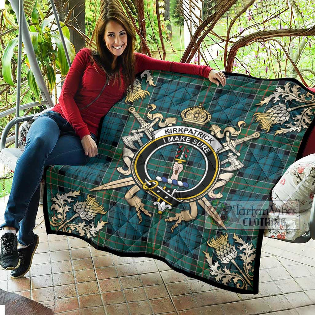 Tartan Vibes Clothing Kirkpatrick Tartan Quilt with Family Crest and Scottish Golden Courage Shield