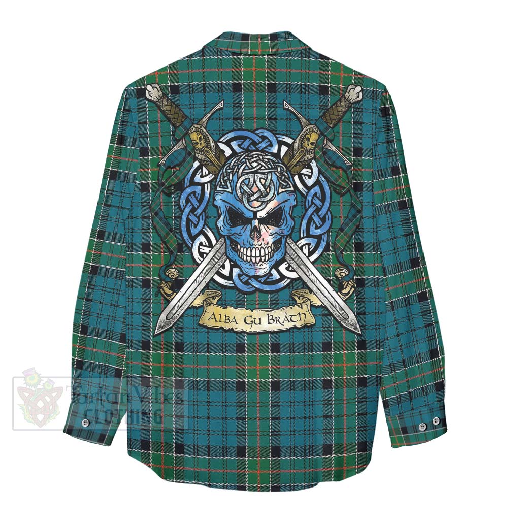 Tartan Vibes Clothing Kirkpatrick Tartan Women's Casual Shirt with Family Crest Celtic Skull Style